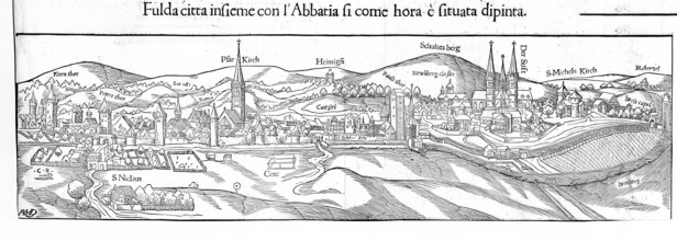 View of Fulda around 1550, Hesse, Germany, reproduction from a model from that time, historical,