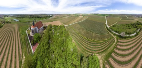 Panoramic aerial view of church 'Maria im Weingarten' near Volkach, Bavaria, franconia, Germany,