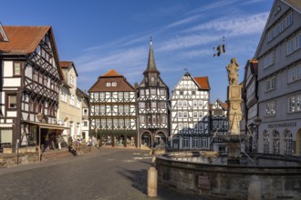 Half-timbered houses, St Michael's merchants' guild house and Rolandsbrunnen fountain on the market