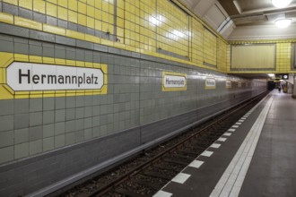 Empty platform at Hermannplatz underground station waiting for the underground train, Berlin,