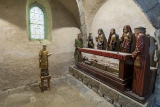 Life-size polychrome wooden entombment at Eglise Saint-Roch in Aubazat, Haute-Loire, Haut Allier,