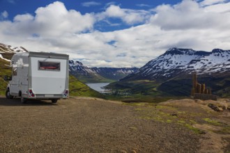 Motorhome parking above the Haifoss. E Iceland