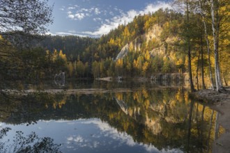 Adršpašské pond, lakeshore with trees and rocks on a sunny day in autumn, Dolní Adršpach, 549 57