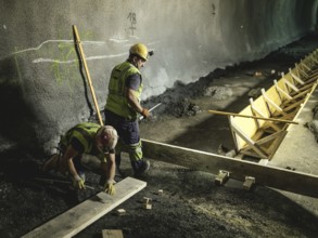 Workers in cross-passage 70, construction lot H53, Brenner Base Tunnel, Wolf, Tyrol, Austria,