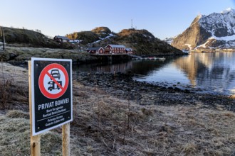 Prohibition sign, driving ban, camper ban, Reine, Moskenesoya, Lofoten, Norway, Europe