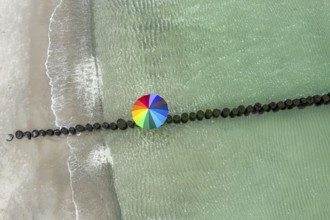 People with colorful umbrella on a groyne, beach of Baltic sea, aerial view, Mecklenburg-Western