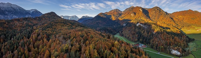 Aerial view of a mountain landscape in autumn, trees, morning light, panorama, view of Zugspitze