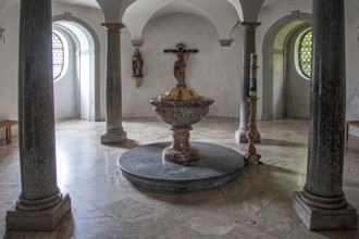 Baptistery, parish church, baroque basilica St. Mang, interior view, Füssen, Ostallgäu, Allgäu,