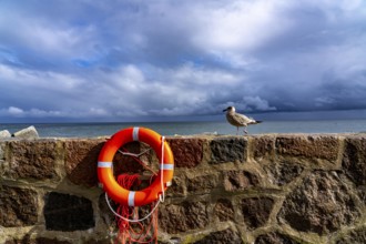 The city harbour of Sassnitz, island of Rügen, pier, harbour dam, dark rain clouds, lifebuoy,