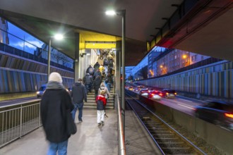 Underground station, Breslauer Straße U18, in the middle of the A40 motorway, Essen city centre,