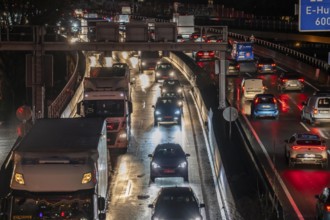 Evening traffic jam on the A40 motorway, Essen-Huttrop junction, traffic jam in both directions,