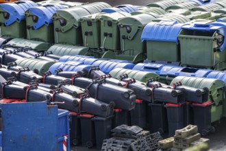Hagener Entsorgunsbetriebe depot, various waste bins, containers, North Rhine-Westphalia, Germany,