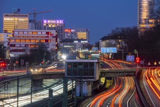 The skyline of Essen city centre, A40 motorway, Ruhr Expressway, North Rhine-Westphalia, Germany,