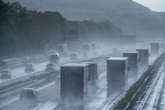 A2 motorway, at Recklinghausen motorway junction, heavy traffic during a thunderstorm, North