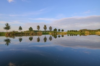 Lake in spring with row of trees and reflection, Drei Gleichen, Ilm-Kreis, Thuringia, Germany,