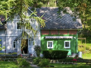 Old half-timbered houses, villages and green countryside, Marenice, Lusatian Mountains, Bohemia,