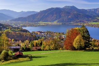 Panorama of the village and lake with the monastery castle in autumn, Tegernsee, Tegernsee,