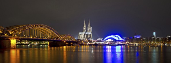 Hohenzollern Bridge with Cathedral and Musical Dome, Rhine embankment, Cologne, Rhineland, North