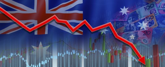 Financial fall of Australian economy on financial graph. Australia financial crisis on economic