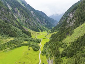 A green valley, framed by steep mountains and forests, crossed by a winding road, Stilluptal,