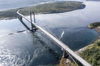 Aerial view of suspension bridge over fjord Efjord, road E6, northern Norway