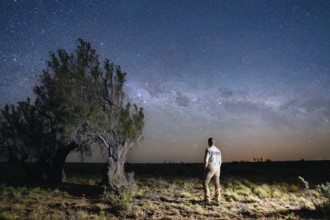 Young man marvels at the stars of the Milky Way, Tres Cerros, Santa Cruz, Argentina, South America