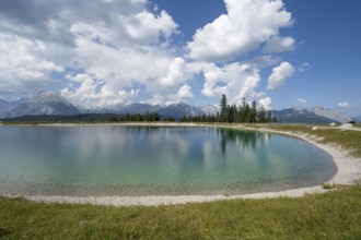 Reservoir at Gschwandtkopf, Karwendel Mountains, behind Wetterstein range, Alps, Seefeld, Tyrol,