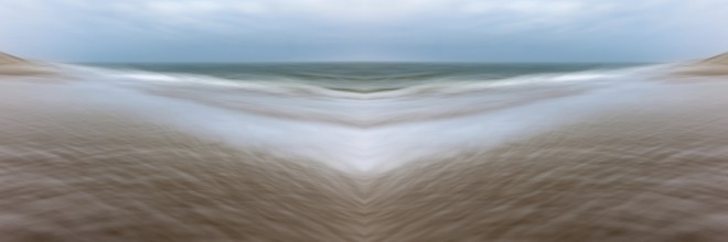 Mirrored picture, blurred, waves on Sylt North Sea beach, National Park Wadden Sea, Sylt, Hoernum,