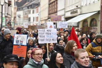 Heidelberg, Germany - February 12th 2025: Crowd of people with signs at protest against far-right