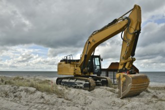 Excavators working to reclaim land on the beach of the Darß peninsula, Mecklenburg-Western