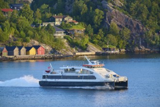Colourful wooden houses by the water, surrounded by dense forest and hills, a ferry sails on the