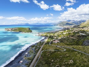 Praia a Mare from a drone, Tyrrhenian Sea, Cosenza, Calabria, Italy, Europe