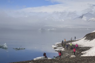 Tourists standing at glacier lagoon, ice floes, glacier, fog, winter, sunny, Jökulsarlon, Iceland,