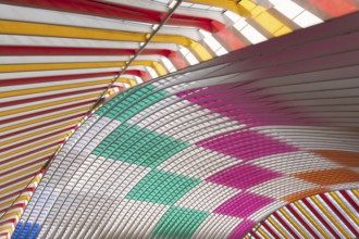 Liège-Guillemins railway station, architect Santiago Calatrava, colourful roof, curved, pink,