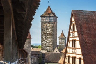 Walkway of the town wall with watchtowers in the historic old town, Rothenburg ob der Tauber,