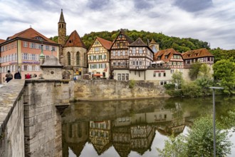 Half-timbered houses on the Kocher and St John's Church in Heimbach, Schwäbisch Hall,