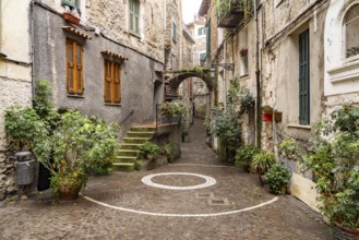 Narrow alleyways in the medieval village of Rocchetta Nervina in Val Nervia, Liguria, Italy, Europe
