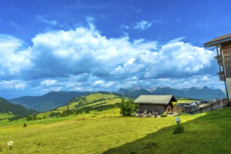 Stunning landscape showcasing the beauty of alpe di siusi with green meadows, traditional wooden