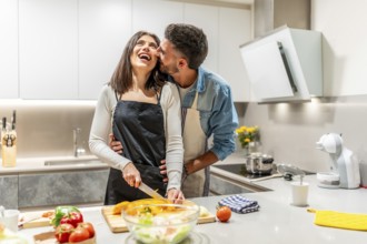 Young couple having fun while preparing a healthy meal together in their modern kitchen, enjoying