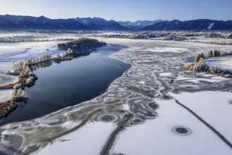 Aerial view of ice formations on a frozen lake, winter, Riegsee, Alpine foothills, Upper Bavaria,