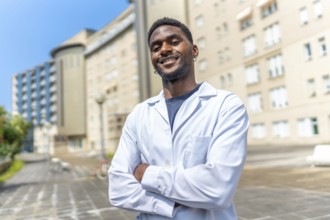 Portrait of an african doctor smiling at camera with arms crossed outside the hospital