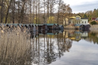 Boathouses on Feldberger Haussee, Feldberger Seenlandschaft, Mecklenburg-Vorpommern, Germany,