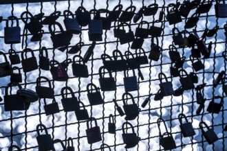 Padlocks, so-called love locks on a fence, vantage point in Wesel am Rhein, North Rhine-Westphalia,