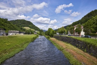 River Kinzig, meadow, trees, hilly landscape with coniferous forest, blue sky with fair weather