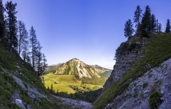 Hiking trail to the Holzeck with a view of the Genneralm and Gennerhorn, Osterhorn group,