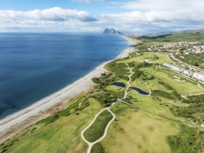 The La Hacienda Links Golf Resort at the Mediterranean Sea with the Rock of Gibraltar (British) in