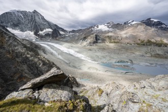 View of glacier Glacier de Cheilon and mountain peak Mont Blanc de Cheilon, at Col de Riedmatten,