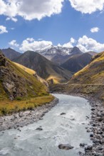 Mountain river in a valley, picturesque mountain landscape with white mountain peaks, Tian Shan