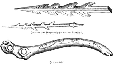 Objects from the prehistoric Kent's Cavern, the Kent Caves in Torquay, County Devon, two barbed