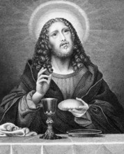 Portrait of Jesus Christ, halo, table, bread, wine, cloak, bible, historical illustration 1854